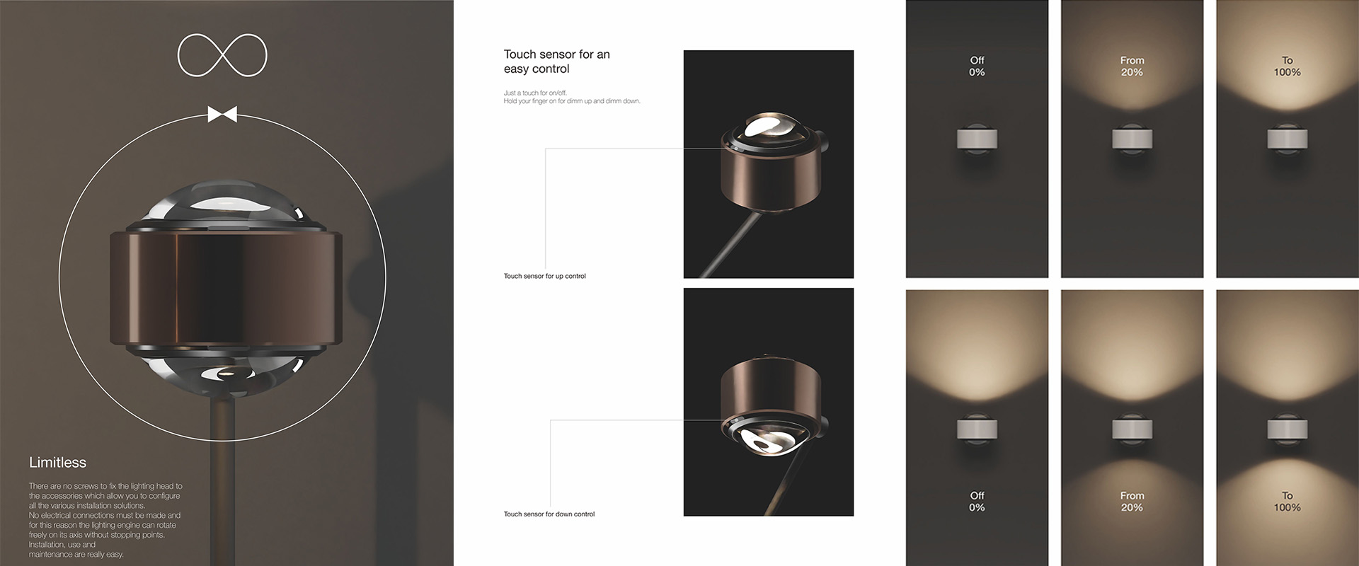 Table lamp crafted from steel, aluminum, and glass. Independent light control for both sources through 2 touch controls.